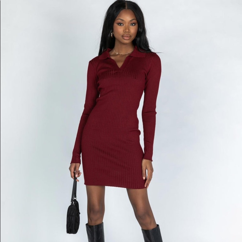 Princess Polly Penelope Long Sleeve Mini Dress in Burgundy Size M/L New with tag